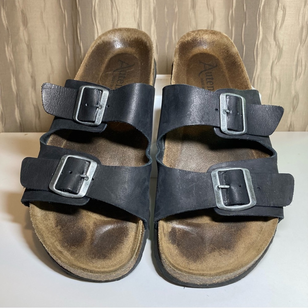 Autenti Made in Spain Men's 43 US 10 Leather Double Band Buckle Black Sandal